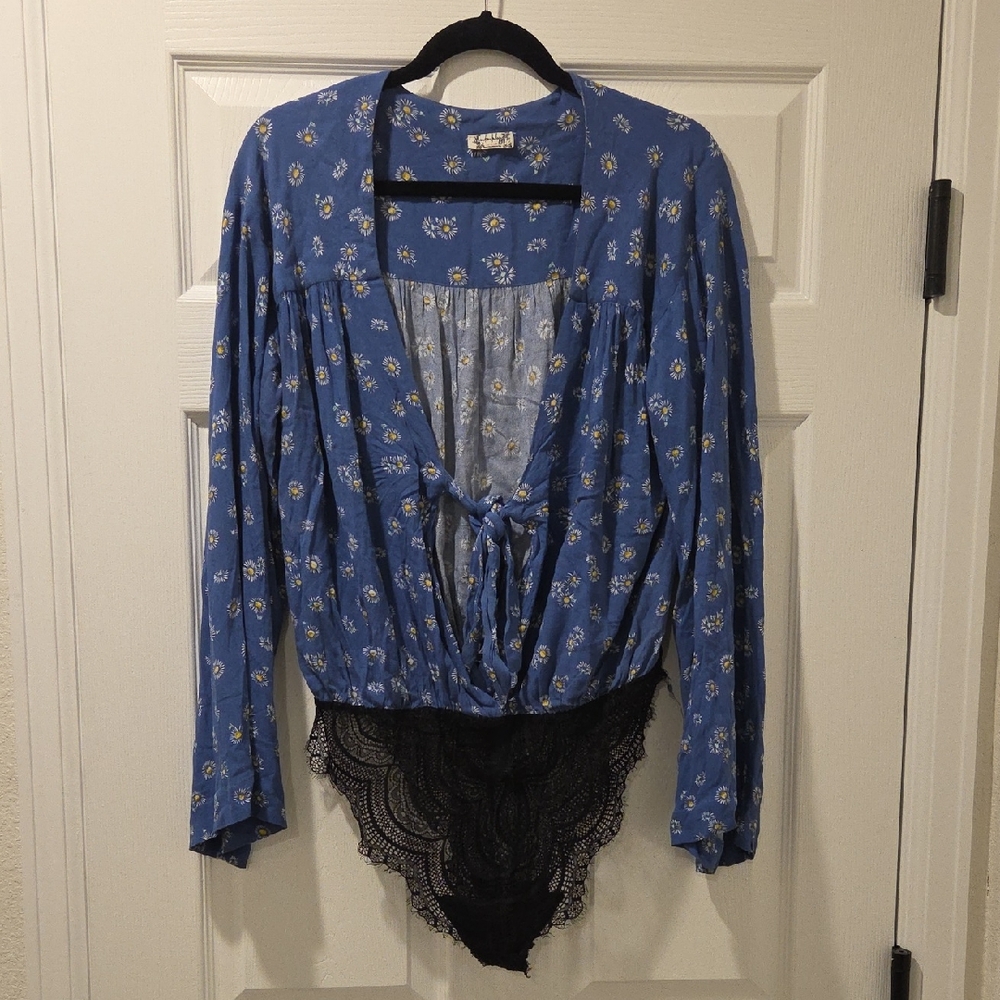 Free People Blue Floral Bodysuit with Black Lace